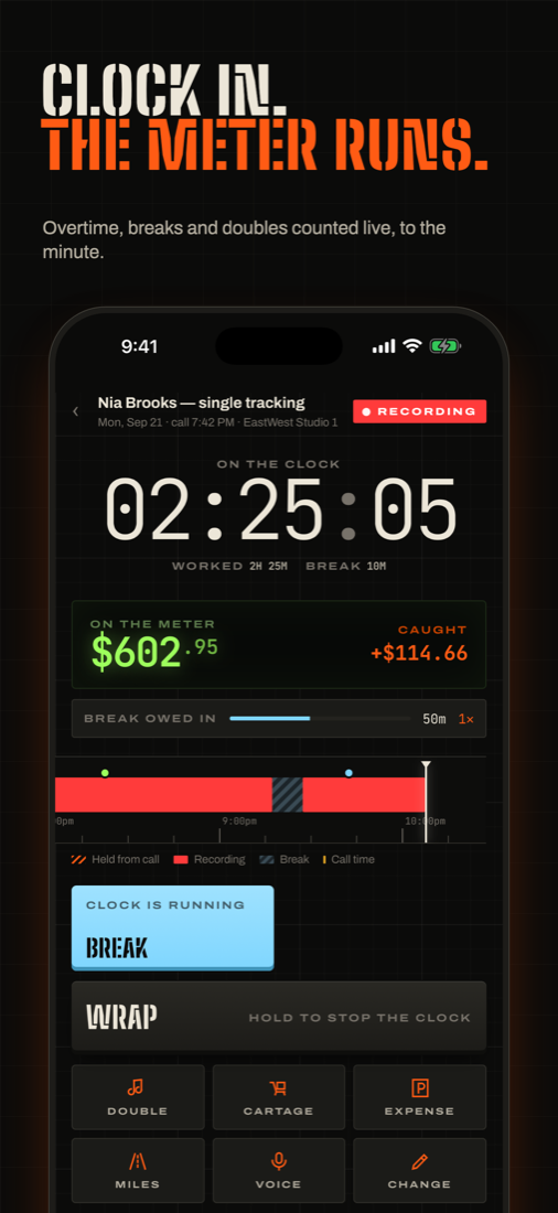 Live job with running clock and earnings meter